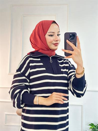 Çizgili Fermuarlı Triko Elbise Lacivert