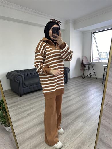 Çizgili Triko Tunik Takım Kiremit