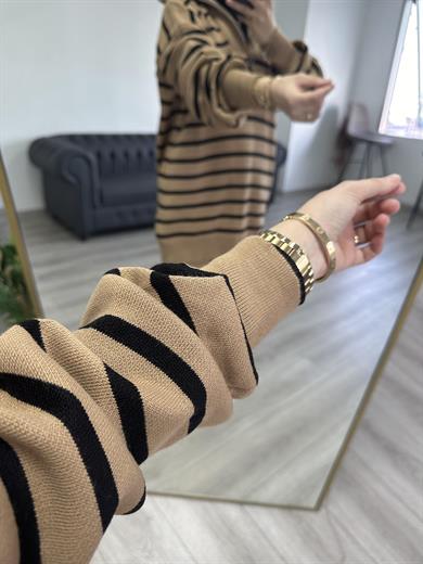 Çizgili Triko Tunik Takım Vizon