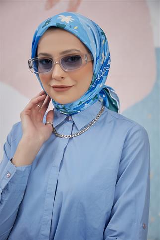 Twill Eşarp Papatya Desen Mavi