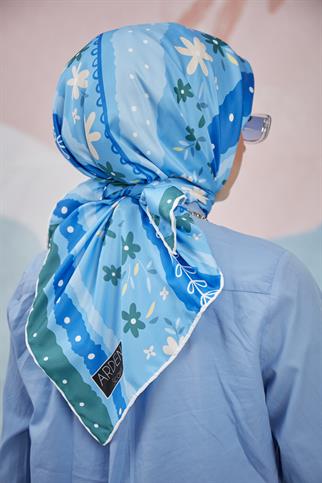 Twill Eşarp Papatya Desen Mavi