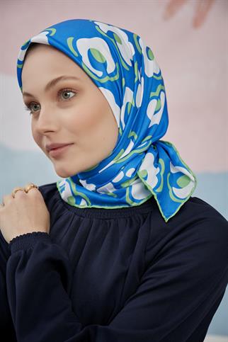 Twill Eşarp Çiçek Desen Mavi