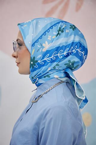 Twill Eşarp Papatya Desen Mavi