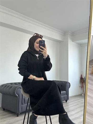 Fermuarlı Triko Elbise Siyah