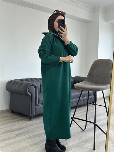 Fermuarlı Triko Elbise Zümrüt Yeşili