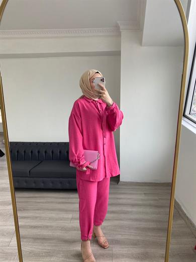 Filamlı Keten Takımı Pembe
