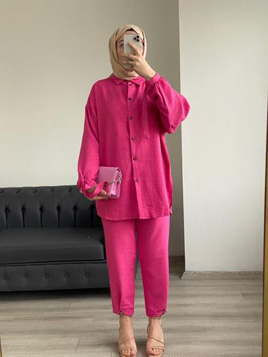Filamlı Keten Takımı Pembe
