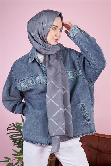 Parlak İtalyan Jakar Şal Kare Desen Füme