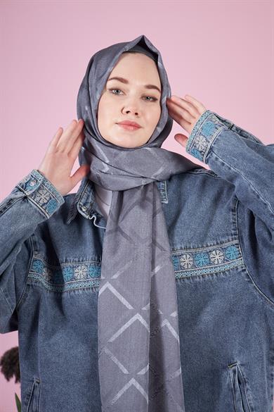 Parlak İtalyan Jakar Şal Kare Desen Füme