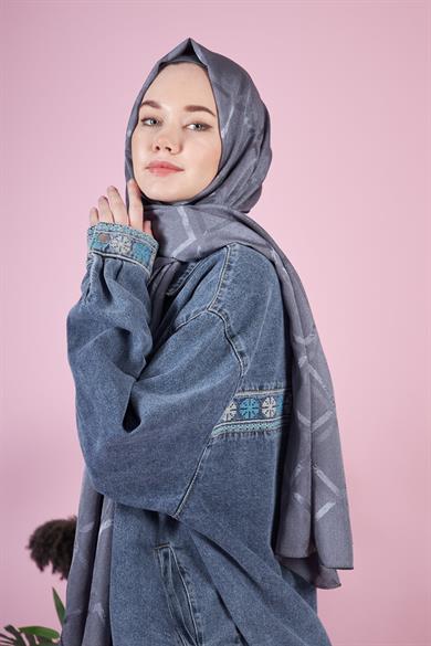 Parlak İtalyan Jakar Şal Kare Desen Füme