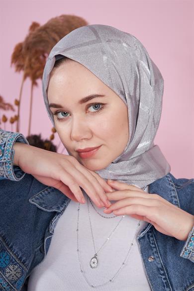 Parlak İtalyan Jakar Şal Kare Desen Gri