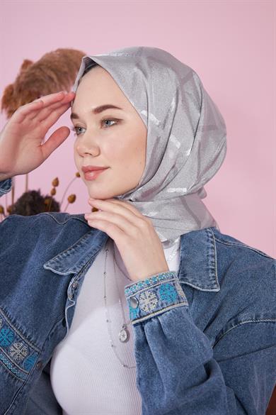 Parlak İtalyan Jakar Şal Kare Desen Gri