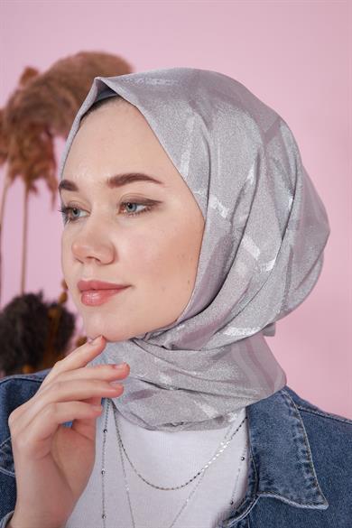 Parlak İtalyan Jakar Şal Kare Desen Gri