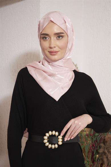 Parlak İtalyan Jakar Şal Kare Desen Gül Kurusu