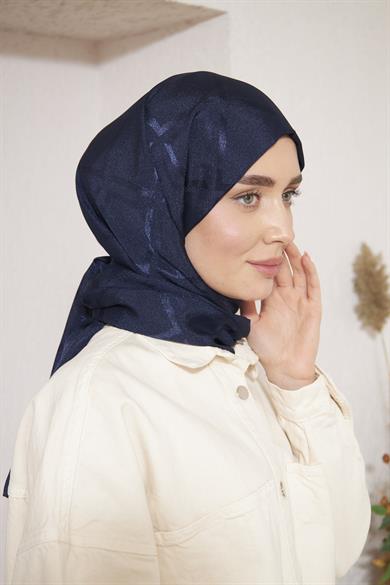 Parlak İtalyan Jakar Şal Kare Desen Lacivert