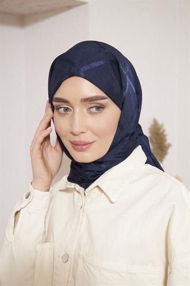 Parlak İtalyan Jakar Şal Kare Desen Lacivert