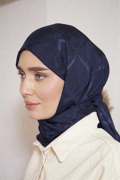 Parlak İtalyan Jakar Şal Kare Desen Lacivert