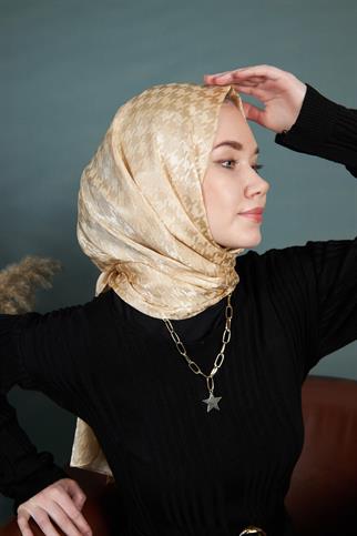 Parlak İtalyan Jakar Şal Kaz Ayağı Desen Bej