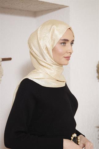 Parlak İtalyan Jakar Şal ZigZag Desen Bej
