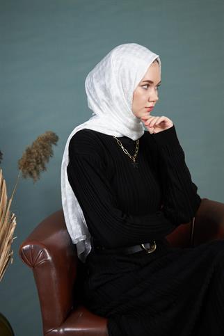 Parlak İtalyan Jakar Şal Kaz Ayağı Desen Beyaz