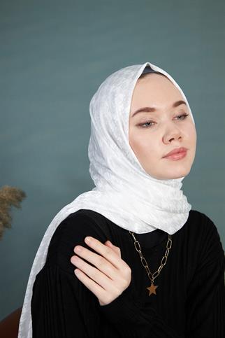 Parlak İtalyan Jakar Şal Kaz Ayağı Desen Beyaz