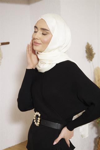 Parlak İtalyan Jakar Şal ZigZag Desen Beyaz