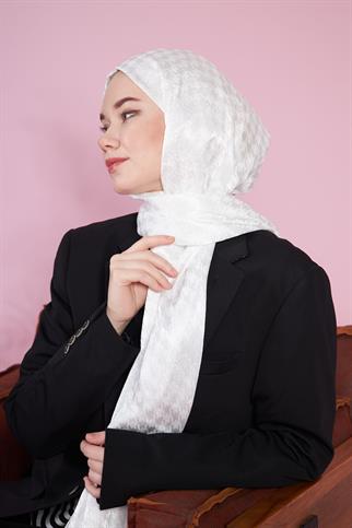 Parlak İtalyan Jakar Şal Kaz Ayağı Desen Ekru