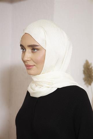 Parlak İtalyan Jakar Şal ZigZag Desen Ekru