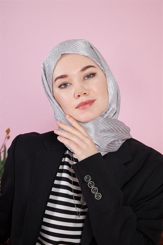 Parlak İtalyan Jakar Şal ZigZag Desen Gri