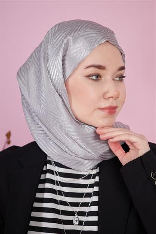 Parlak İtalyan Jakar Şal ZigZag Desen Gri