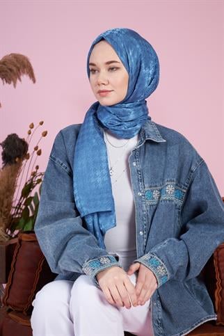 Parlak İtalyan Jakar Şal Kaz Ayağı Desen İndigo