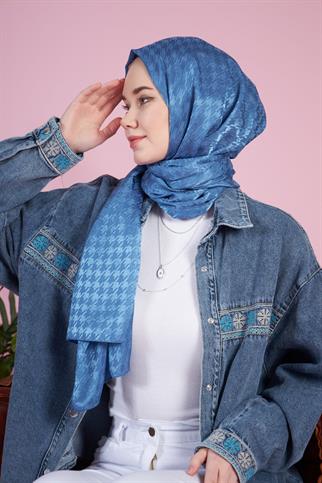 Parlak İtalyan Jakar Şal Kaz Ayağı Desen İndigo