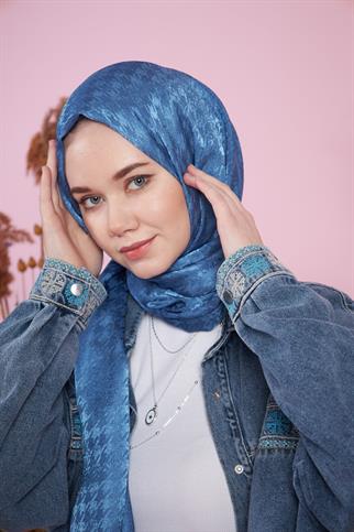 Parlak İtalyan Jakar Şal Kaz Ayağı Desen İndigo