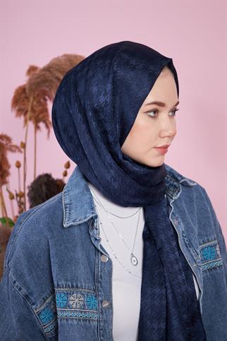 Parlak İtalyan Jakar Şal Kaz Ayağı Desen Lacivert