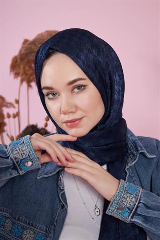 Parlak İtalyan Jakar Şal Kaz Ayağı Desen Lacivert