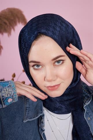 Parlak İtalyan Jakar Şal Kaz Ayağı Desen Lacivert