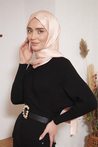 Parlak İtalyan Jakar Şal ZigZag Desen Pudra