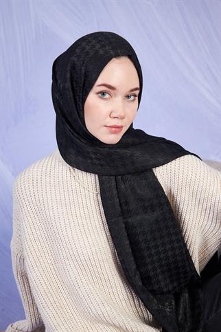 Parlak İtalyan Jakar Şal Kaz Ayağı Desen Siyah