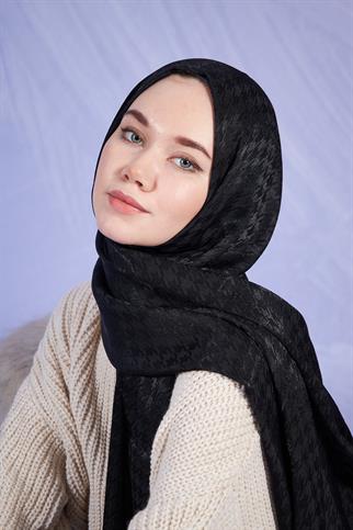 Parlak İtalyan Jakar Şal Kaz Ayağı Desen Siyah