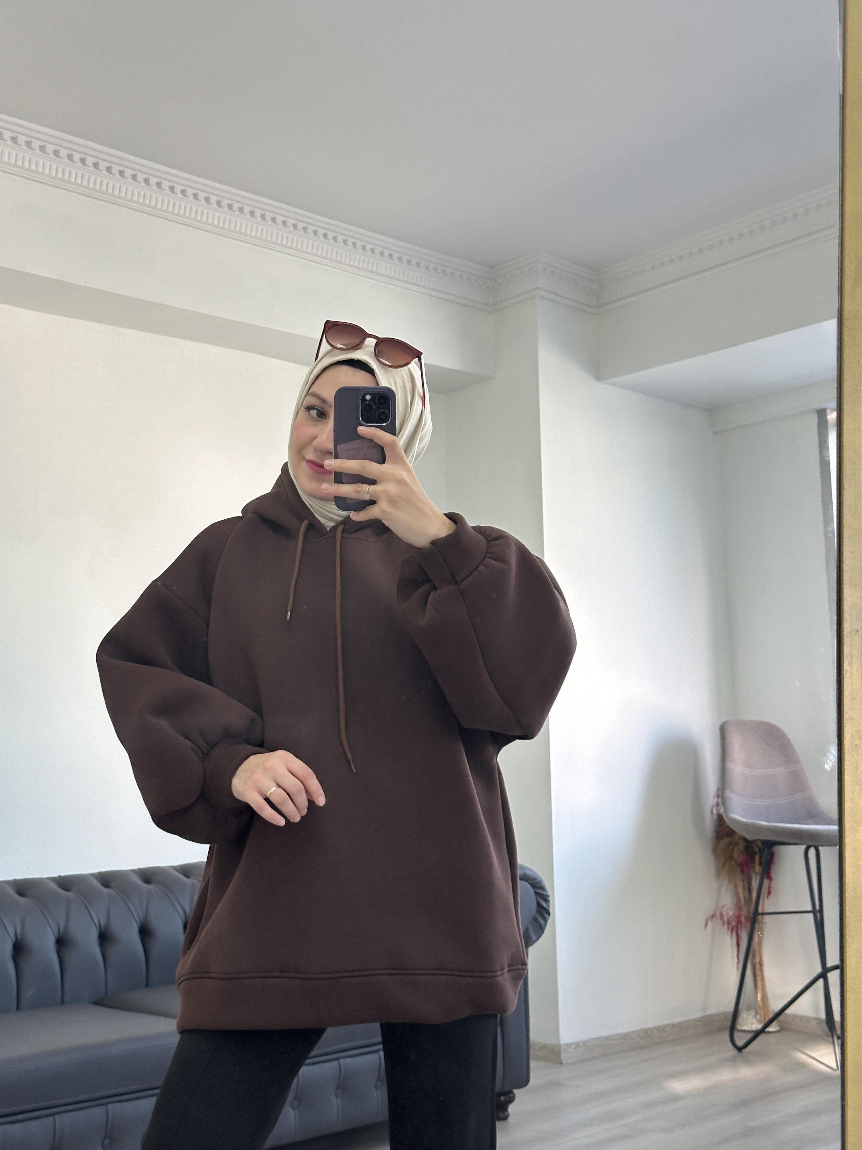 3 İplik Sweatshit Kapşonlu Acı Kahve