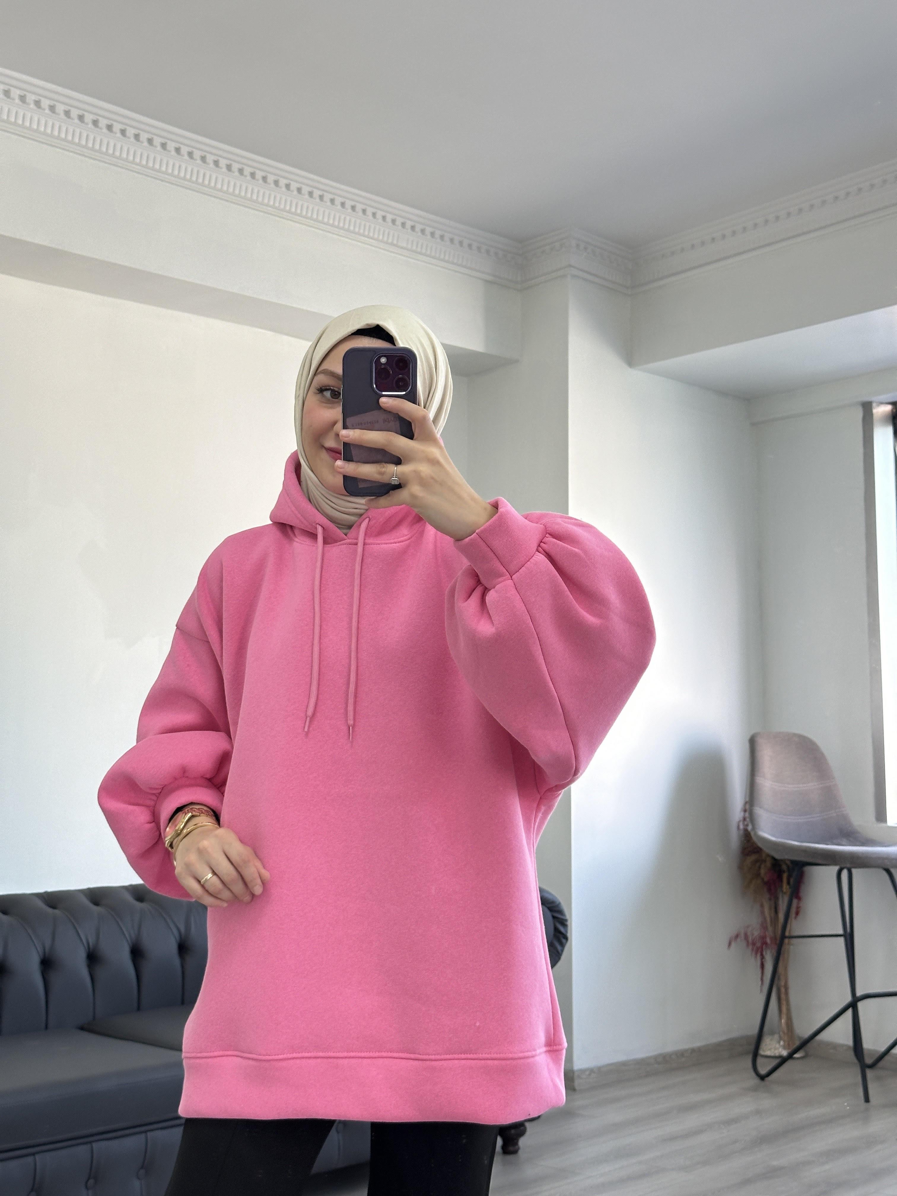 3 İplik Sweatshit Kapşonlu Pembe