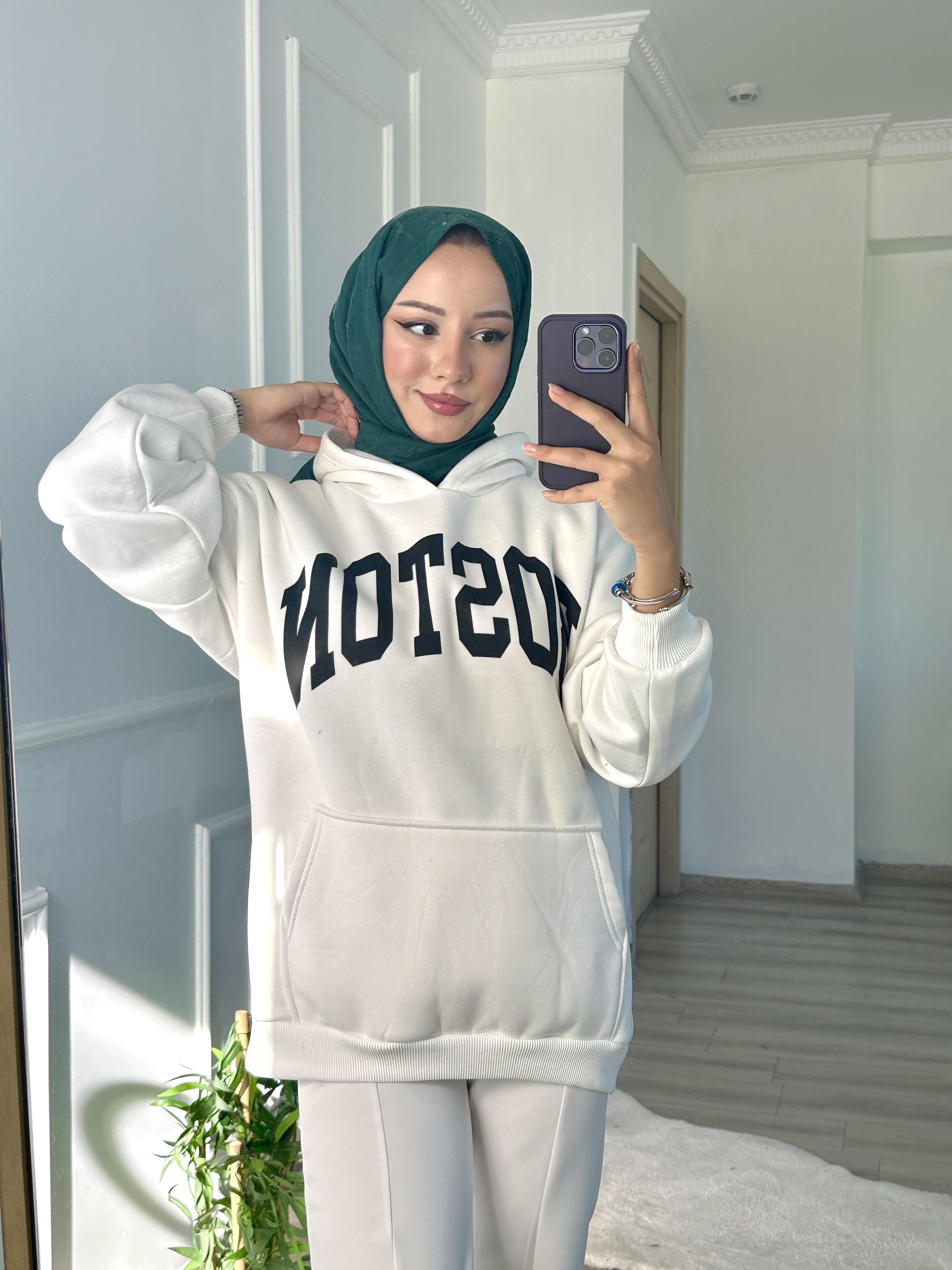 BOSTON Sweatshirt Kapşonlu BEYAZ
