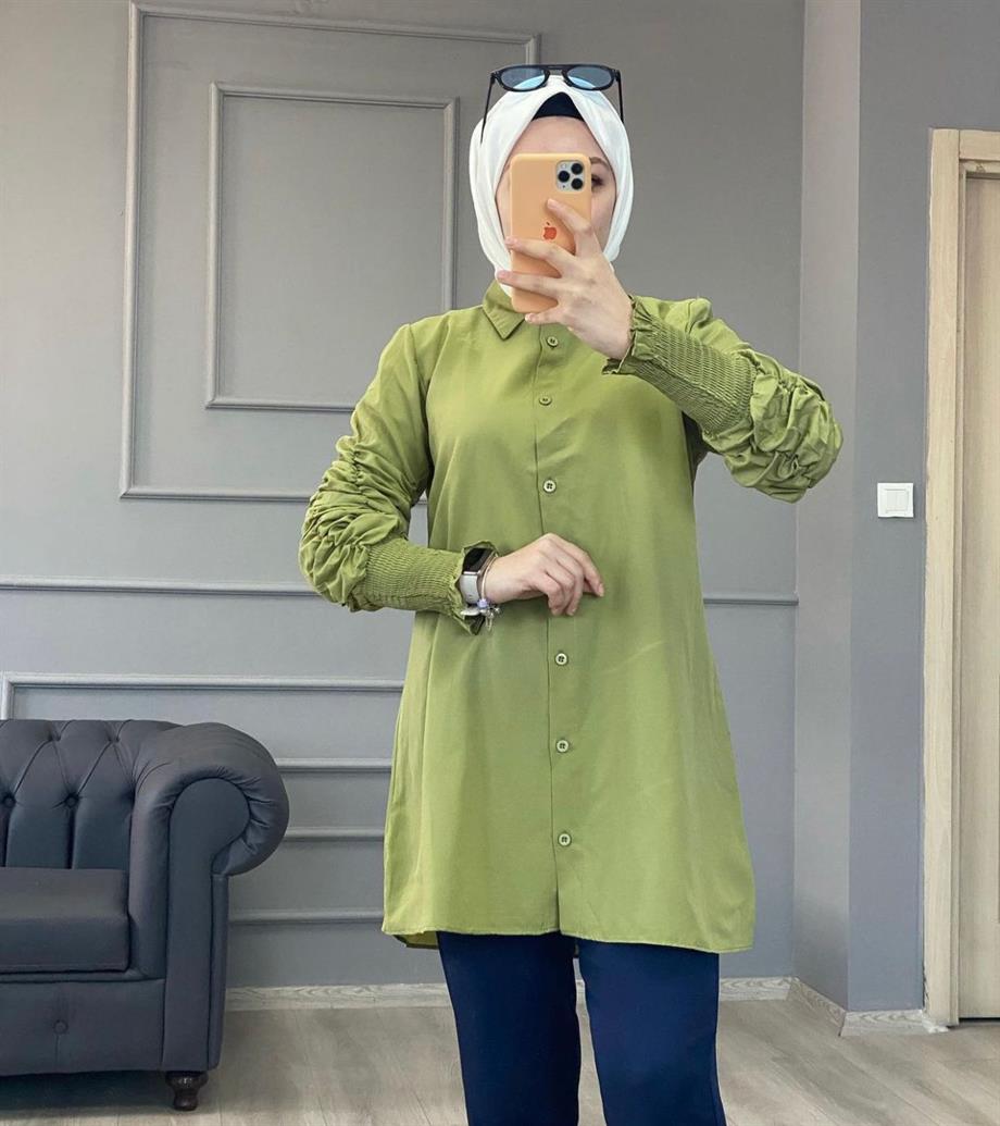 Büzgü Kol Detaylı Gömlek Yağ Yeşili