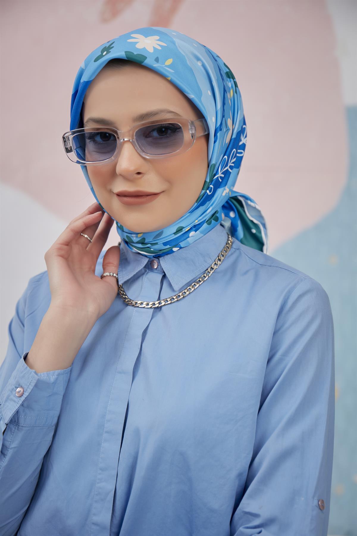 Dijital Baskılı Twill Eşarp Mavi