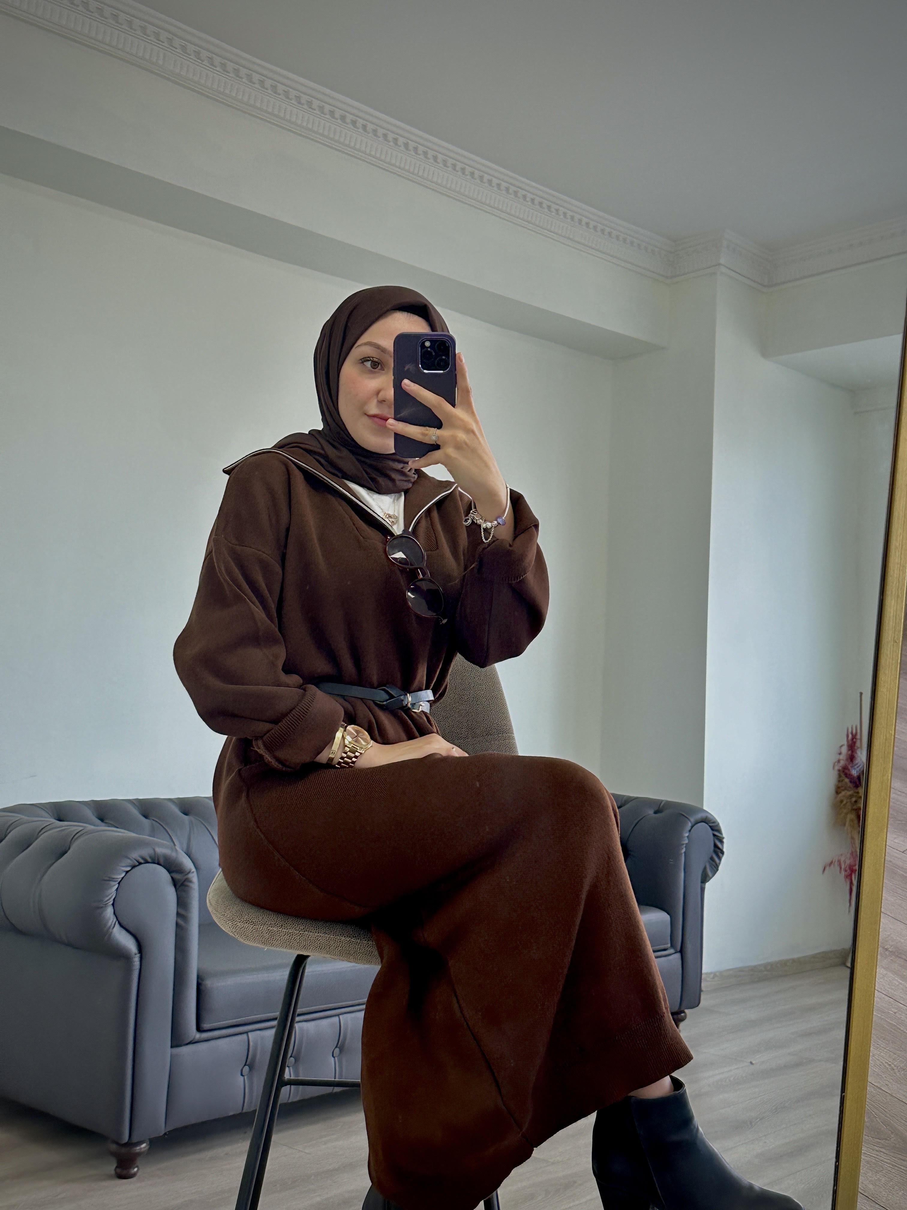 Fermuarlı Triko Elbise Acı Kahve