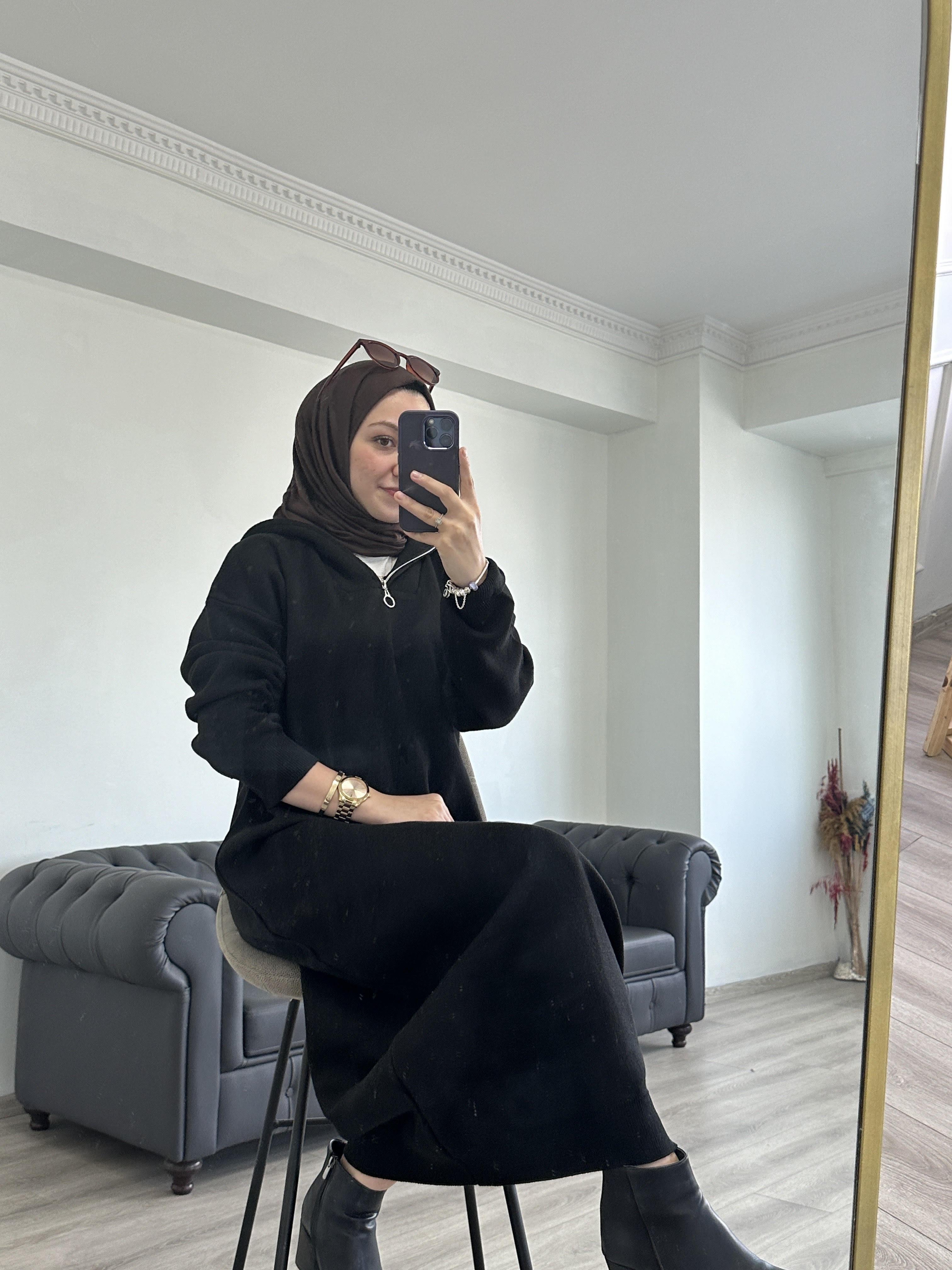Fermuarlı Triko Elbise Siyah