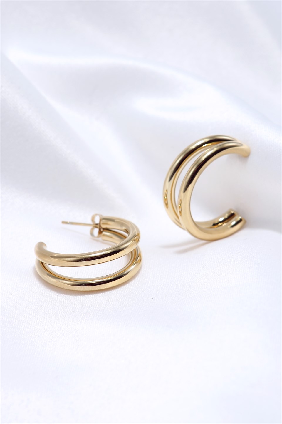 Altın Sarısı Renkli 2 Şeritli Çelik Halka Küpe 