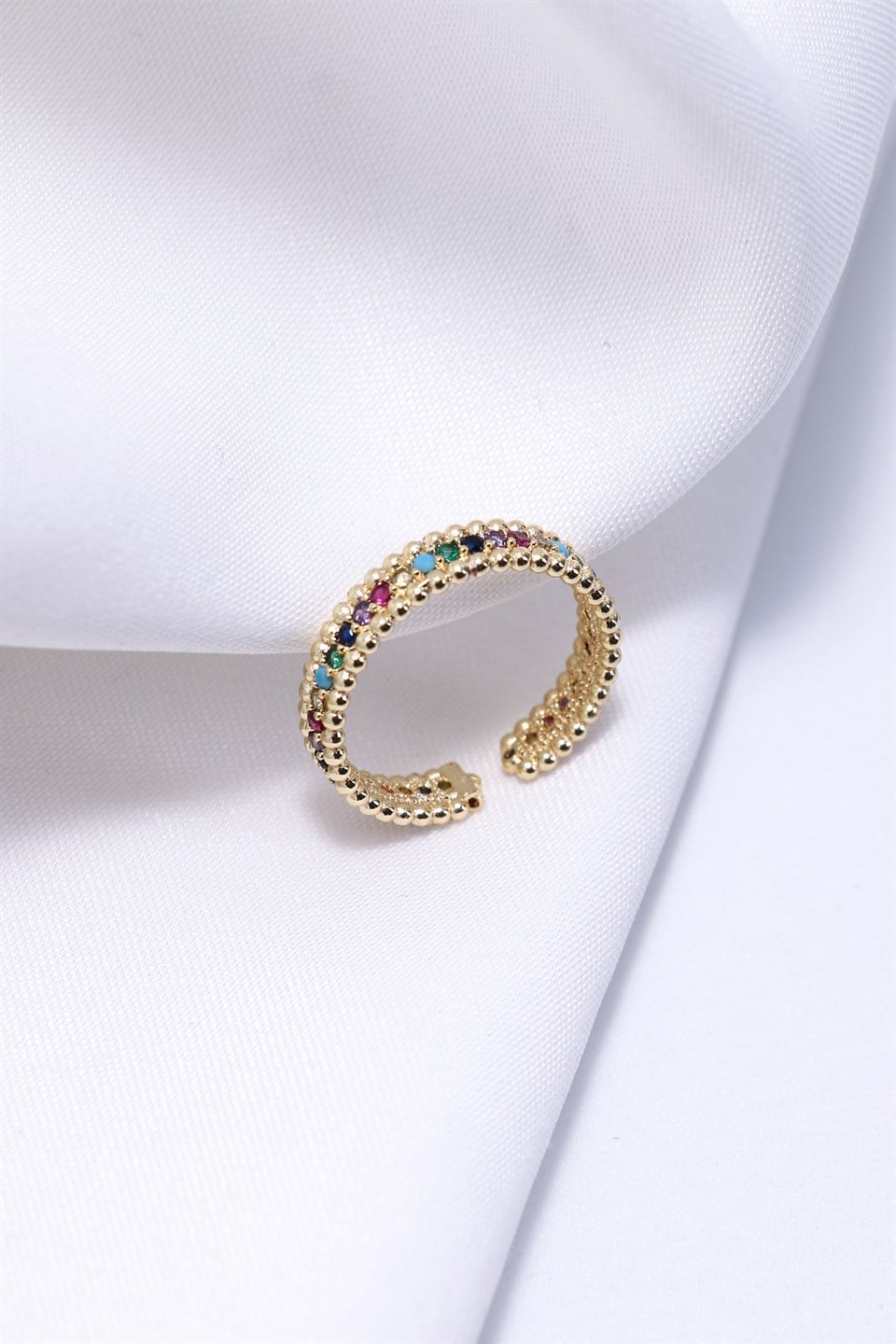 Altın Sarısı Renkli Renkli Zirkon Taşlı Tamtur Ayarlanaiblir Yüzük