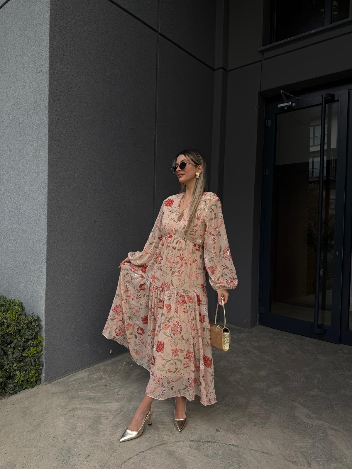 Orijinal Marka Gold Varak Baskılı Şifon Elbise Krem