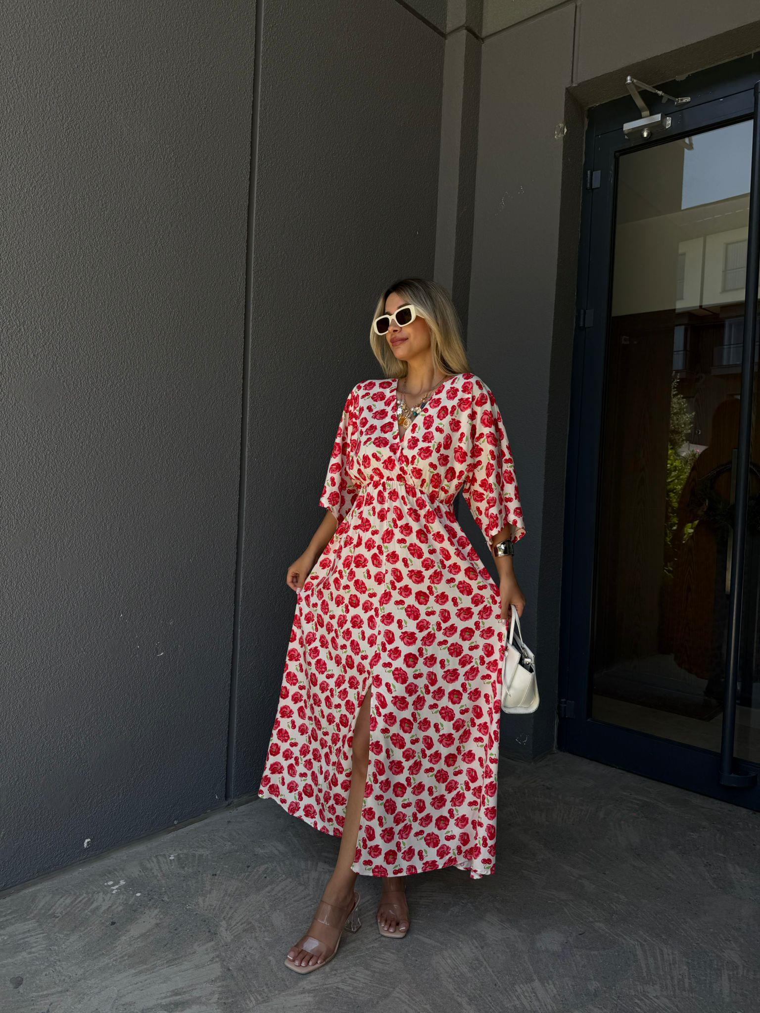 Zenya Kiraz Çiçeği Kırmızı Viskon Elbise